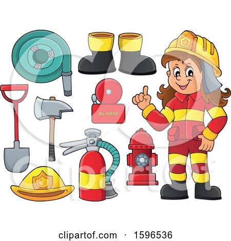 Clipart of a Cartoon Fire Woman Holding up a Finger and Equipment - Royalty Free Vector Illustration by visekart