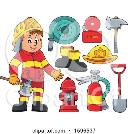 Clipart of a Fire Man Holding an Axe, and Equipment - Royalty Free Vector Illustration by visekart