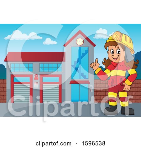 Clipart of a Cartoon Fire Woman Holding up a Finger at a Station - Royalty Free Vector Illustration by visekart
