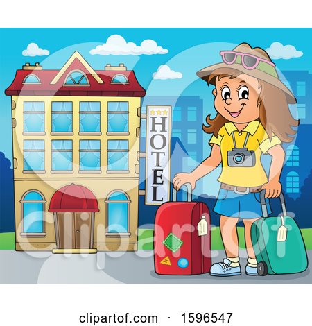 Clipart of a Female Traveler at a Hotel - Royalty Free Vector Illustration by visekart