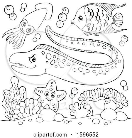 Clipart of a Lineart Sea Creatures - Royalty Free Vector Illustration