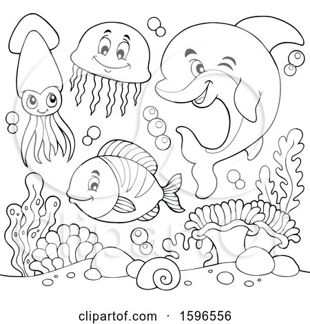 Clipart of a Lineart Sea Creatures - Royalty Free Vector Illustration by visekart