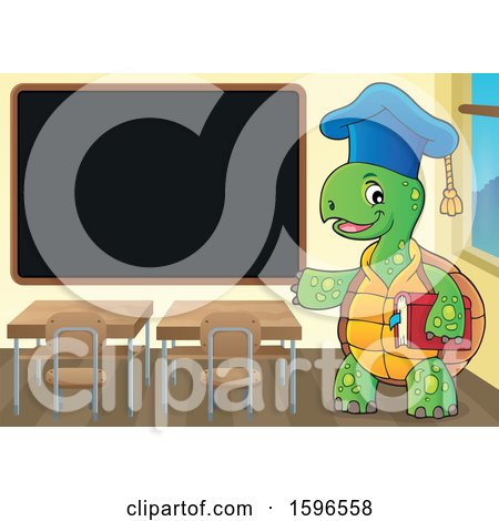 Clipart of a Tortoise Teacher Holding a Book and Presenting a Blackboard - Royalty Free Vector Illustration by visekart