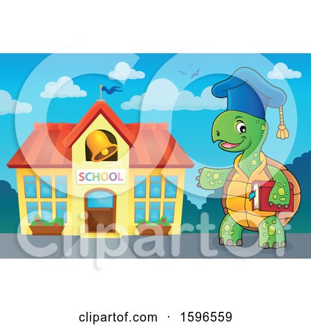Clipart of a Tortoise Teacher Holding a Book and Presenting a School - Royalty Free Vector Illustration by visekart