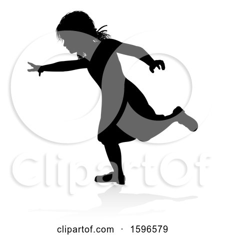 Clipart of a Silhouetted Girl Running, with a Reflection or Shadow, on a White Background - Royalty Free Vector Illustration by AtStockIllustration