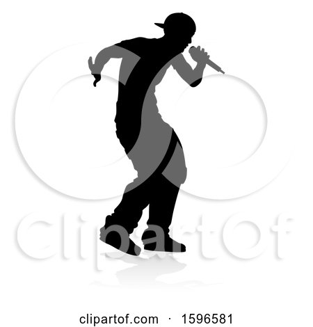 Clipart of a Silhouetted Male Singer, with a Reflection or Shadow, on a White Background - Royalty Free Vector Illustration by AtStockIllustration