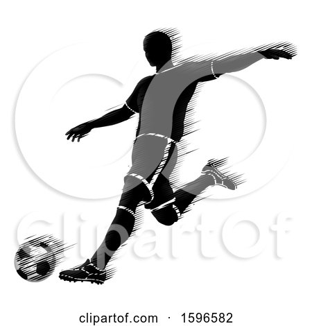 Clipart of a Motion Blur Styled Silhouetted Soccer Player in Action - Royalty Free Vector Illustration by AtStockIllustration