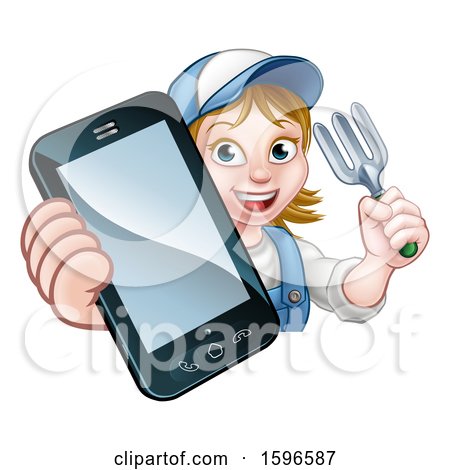 Clipart of a Cartoon Happy White Female Gardener Holding a Garden Fork and a Cell Phone - Royalty Free Vector Illustration by AtStockIllustration