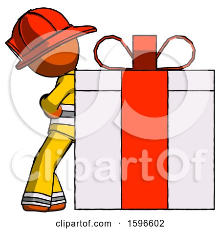 Orange Firefighter Fireman Man Gift Concept - Leaning Against Large Present by Leo Blanchette