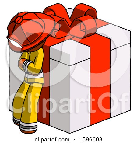 Orange Firefighter Fireman Man Leaning on Gift with Red Bow Angle View by Leo Blanchette