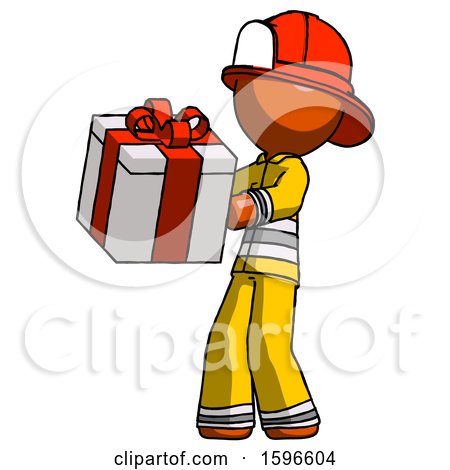 Orange Firefighter Fireman Man Presenting a Present with Large Red Bow on It by Leo Blanchette