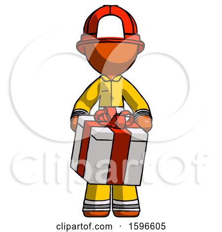 Orange Firefighter Fireman Man Gifting Present with Large Bow Front View by Leo Blanchette