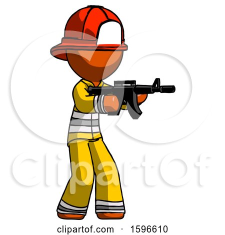 Orange Firefighter Fireman Man Shooting Automatic Assault Weapon by Leo Blanchette