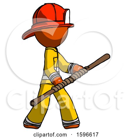 Orange Firefighter Fireman Man Holding Bo Staff in Sideways Defense Pose by Leo Blanchette
