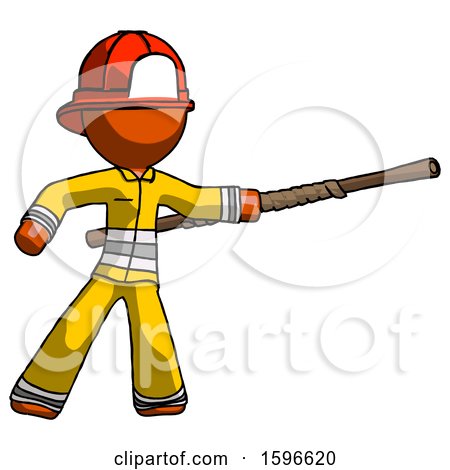 Orange Firefighter Fireman Man Bo Staff Pointing Right Kung Fu Pose by Leo Blanchette