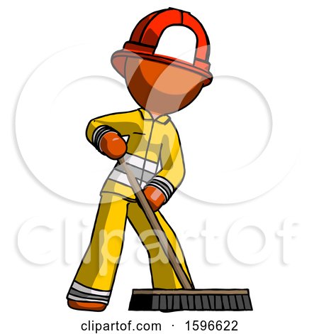 Orange Firefighter Fireman Man Cleaning Services Janitor Sweeping Floor with Push Broom by Leo Blanchette