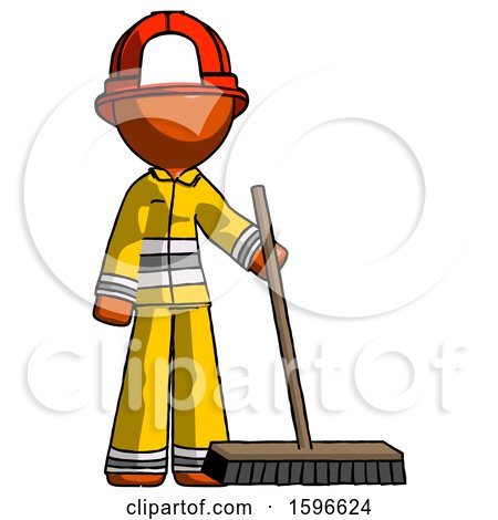 Orange Firefighter Fireman Man Standing with Industrial Broom by Leo Blanchette