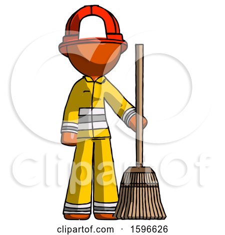 Orange Firefighter Fireman Man Standing with Broom Cleaning Services by Leo Blanchette