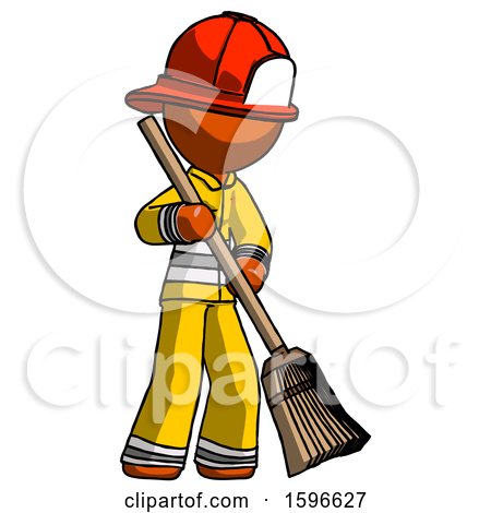 Orange Firefighter Fireman Man Sweeping Area with Broom by Leo Blanchette