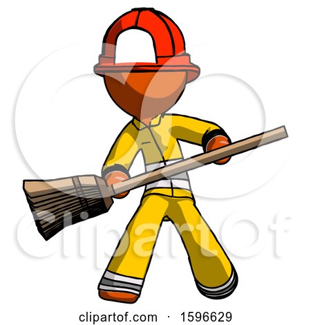 Orange Firefighter Fireman Man Broom Fighter Defense Pose by Leo Blanchette