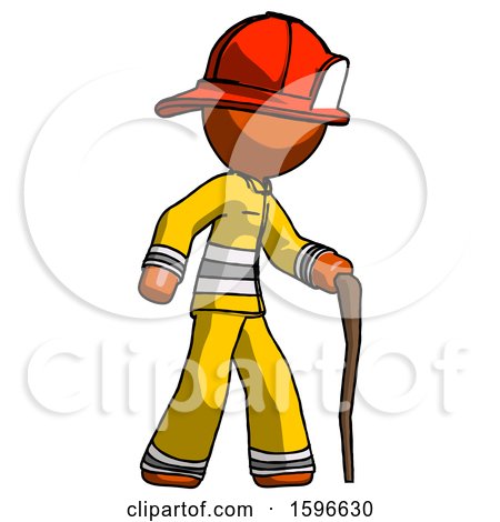 Orange Firefighter Fireman Man Walking with Hiking Stick by Leo Blanchette