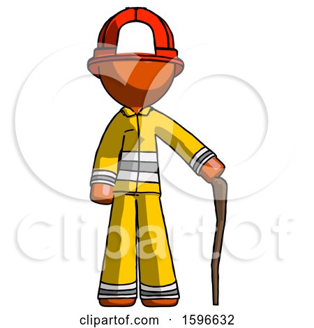Orange Firefighter Fireman Man Standing with Hiking Stick by Leo Blanchette