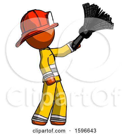 Orange Firefighter Fireman Man Dusting with Feather Duster Upwards by Leo Blanchette