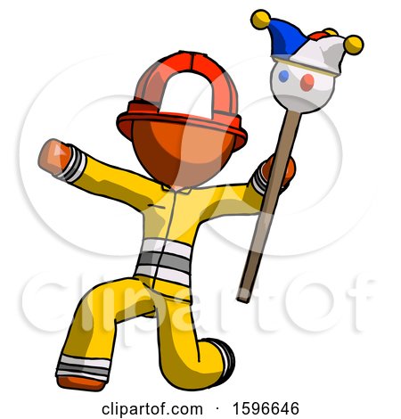 Orange Firefighter Fireman Man Holding Jester Staff Posing Charismatically by Leo Blanchette