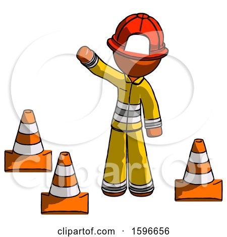 Orange Firefighter Fireman Man Standing by Traffic Cones Waving by Leo Blanchette