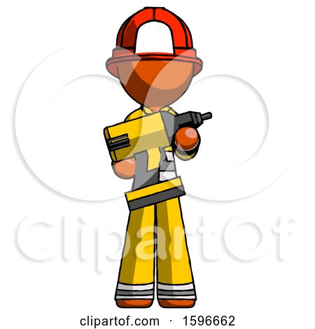 Orange Firefighter Fireman Man Holding Large Drill by Leo Blanchette