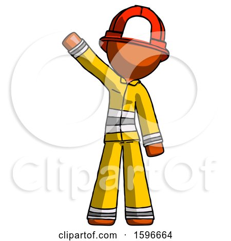Orange Firefighter Fireman Man Waving Emphatically with Right Arm by Leo Blanchette