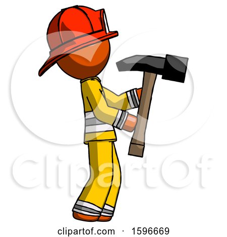 Orange Firefighter Fireman Man Hammering Something on the Right by Leo Blanchette