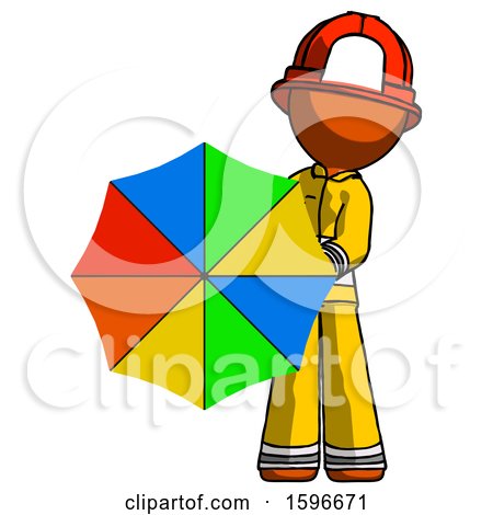 Orange Firefighter Fireman Man Holding Rainbow Umbrella out to Viewer by Leo Blanchette