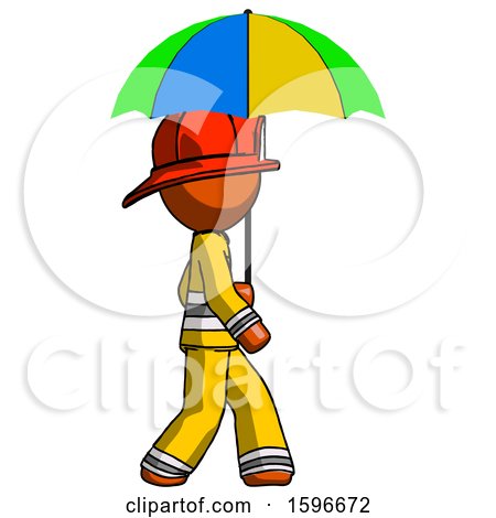 Orange Firefighter Fireman Man Walking with Colored Umbrella by Leo Blanchette