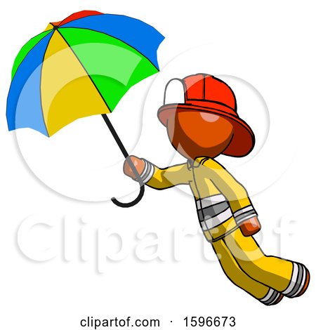 Orange Firefighter Fireman Man Flying with Rainbow Colored Umbrella by Leo Blanchette