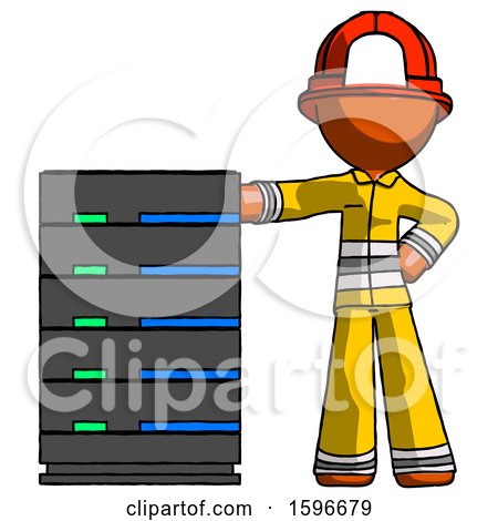 Orange Firefighter Fireman Man with Server Rack Leaning Confidently Against It by Leo Blanchette