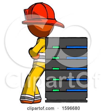 Orange Firefighter Fireman Man Resting Against Server Rack by Leo Blanchette