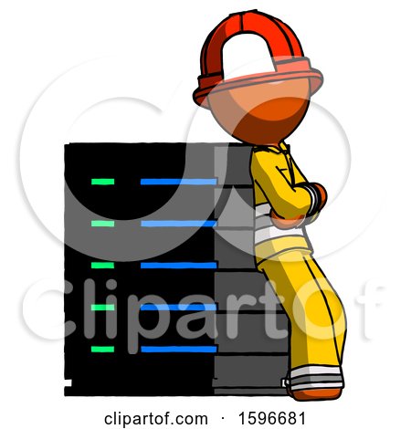 Orange Firefighter Fireman Man Resting Against Server Rack Viewed at Angle by Leo Blanchette