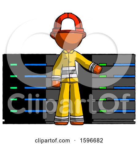 Orange Firefighter Fireman Man with Server Racks, in Front of Two Networked Systems by Leo Blanchette