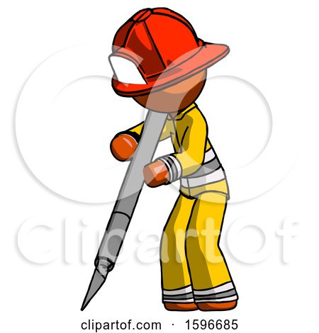 Orange Firefighter Fireman Man Cutting with Large Scalpel by Leo Blanchette