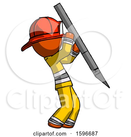 Orange Firefighter Fireman Man Stabbing or Cutting with Scalpel by Leo Blanchette
