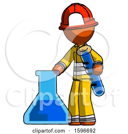 Orange Firefighter Fireman Man Holding Test Tube Beside Beaker or Flask by Leo Blanchette