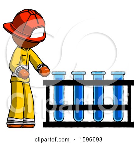 Orange Firefighter Fireman Man Using Test Tubes or Vials on Rack by Leo Blanchette
