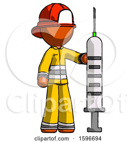 Orange Firefighter Fireman Man Holding Large Syringe by Leo Blanchette