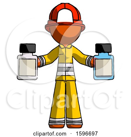 Orange Firefighter Fireman Man Holding Two Medicine Bottles by Leo Blanchette