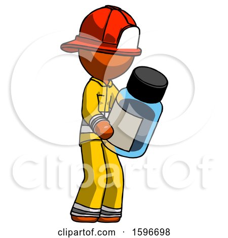 Orange Firefighter Fireman Man Holding Glass Medicine Bottle by Leo Blanchette