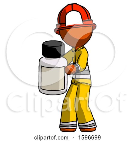Orange Firefighter Fireman Man Holding White Medicine Bottle by Leo Blanchette