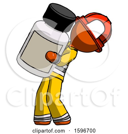 Orange Firefighter Fireman Man Holding Large White Medicine Bottle by Leo Blanchette