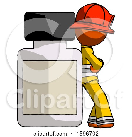 Orange Firefighter Fireman Man Leaning Against Large Medicine Bottle by Leo Blanchette