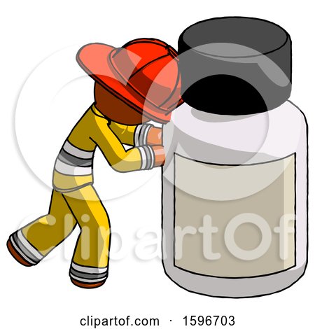 Orange Firefighter Fireman Man Pushing Large Medicine Bottle by Leo Blanchette